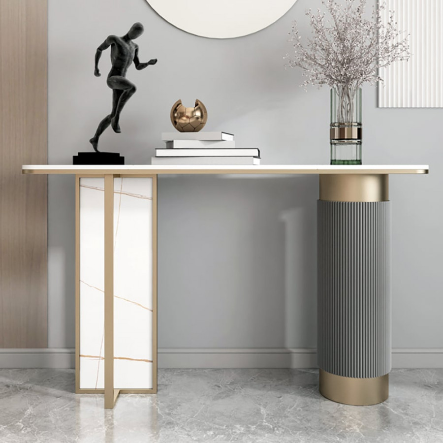 HMR - Modern Entryway Console Table Sintered Stone Top in White and Gold
