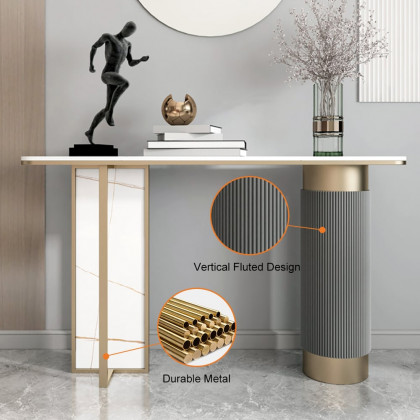 HMR - Modern Entryway Console Table Sintered Stone Top in White and Gold