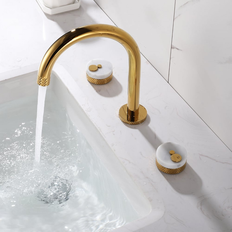 HMR - Gold Aerated Spout Widespread Bathroom Sink Faucet Solid Brass