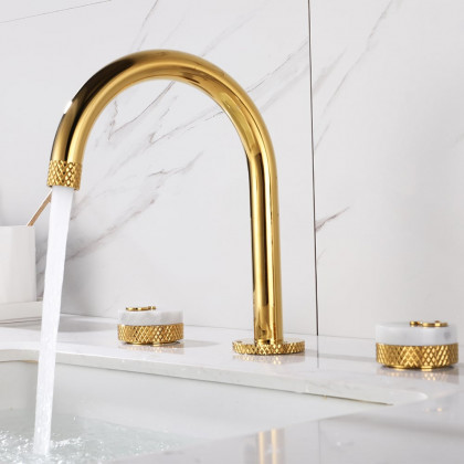 HMR - Gold Aerated Spout Widespread Bathroom Sink Faucet Solid Brass