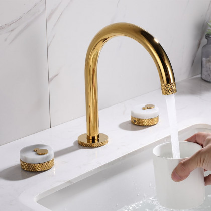 HMR - Gold Aerated Spout Widespread Bathroom Sink Faucet Solid Brass