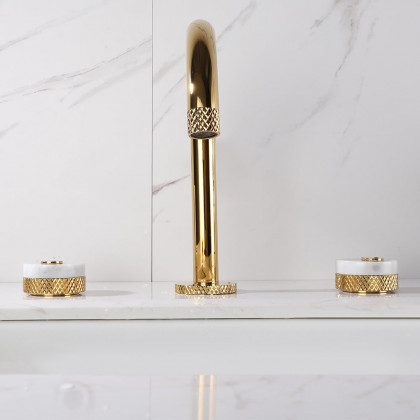 HMR - Gold Aerated Spout Widespread Bathroom Sink Faucet Solid Brass
