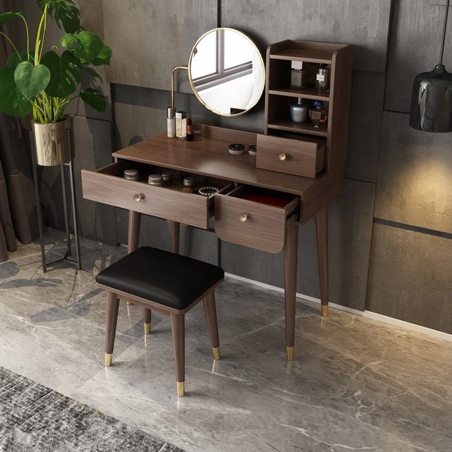 HMR - Ultic 2-Pieces Minimalist Makeup Vanity Set in Walnut with Mirror & Stool