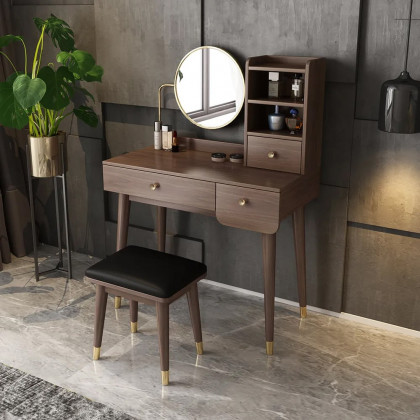 HMR - Ultic 2-Pieces Minimalist Makeup Vanity Set in Walnut with Mirror & Stool