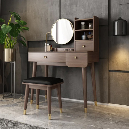 HMR - Ultic 2-Pieces Minimalist Makeup Vanity Set in Walnut with Mirror & Stool