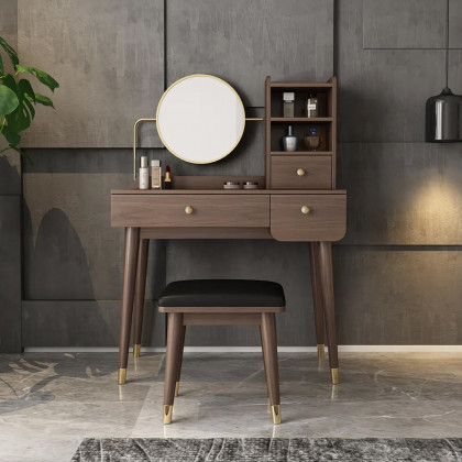 HMR - Ultic 2-Pieces Minimalist Makeup Vanity Set in Walnut with Mirror & Stool
