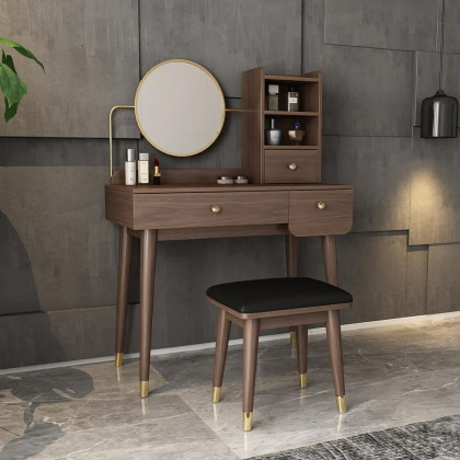 HMR - Ultic 2-Pieces Minimalist Makeup Vanity Set in Walnut with Mirror & Stool