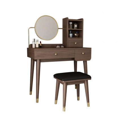 HMR - Ultic 2-Pieces Minimalist Makeup Vanity Set in Walnut with Mirror & Stool