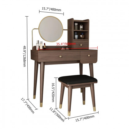 HMR - Ultic 2-Pieces Minimalist Makeup Vanity Set in Walnut with Mirror & Stool