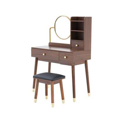 HMR - Ultic 2-Pieces Minimalist Makeup Vanity Set in Walnut with Mirror & Stool