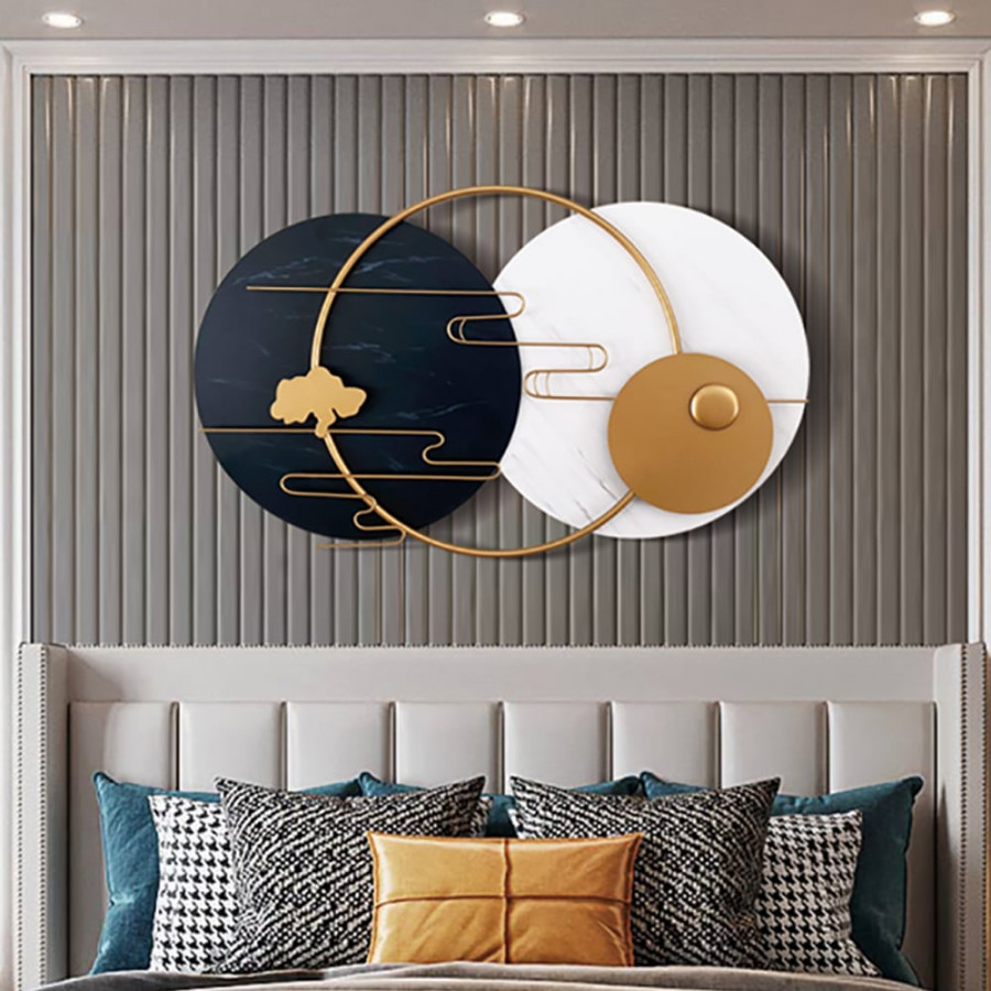 HMR - Modern Round Metal Wall Decor Geometric Decorative Wall Art in White & Black & Gold