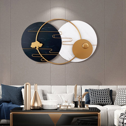 HMR - Modern Round Metal Wall Decor Geometric Decorative Wall Art in White & Black & Gold