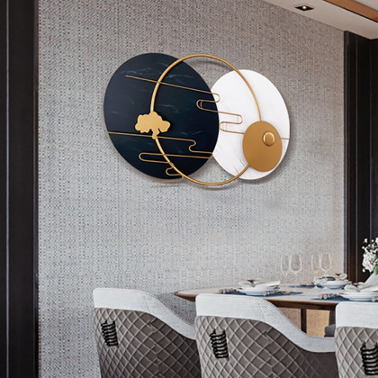 HMR - Modern Round Metal Wall Decor Geometric Decorative Wall Art in White & Black & Gold