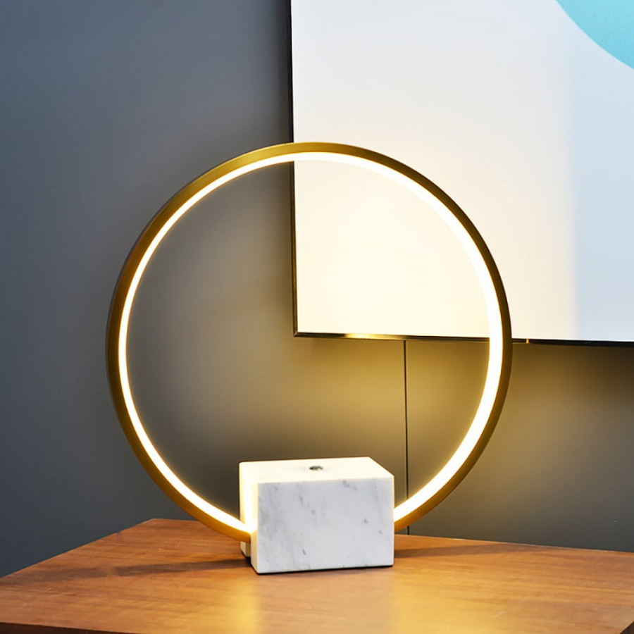 HMR - Modern LED Circle Table Lamp in Gold with White Marble Base