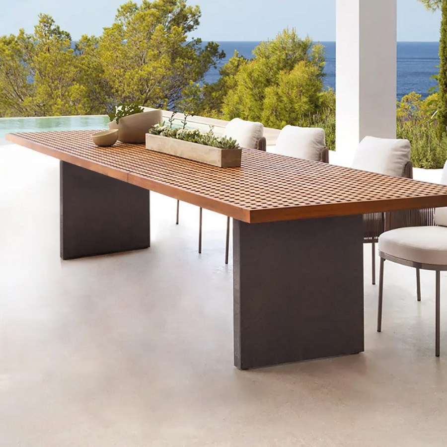 HMR - 94.5" Outdoor Rectangle Hollow Teak Dining Table for 8 Person