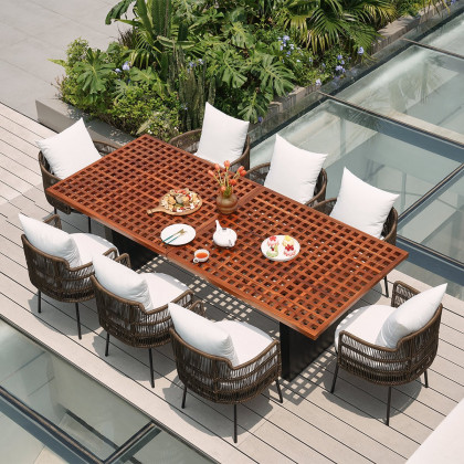 HMR - 94.5" Outdoor Rectangle Hollow Teak Dining Table for 8 Person