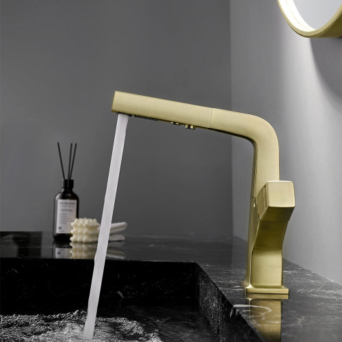 HMR Modern Single Hole Bathroom Sink Faucet Dual Function Pull-Out Spray Faucet - Brushed Gold