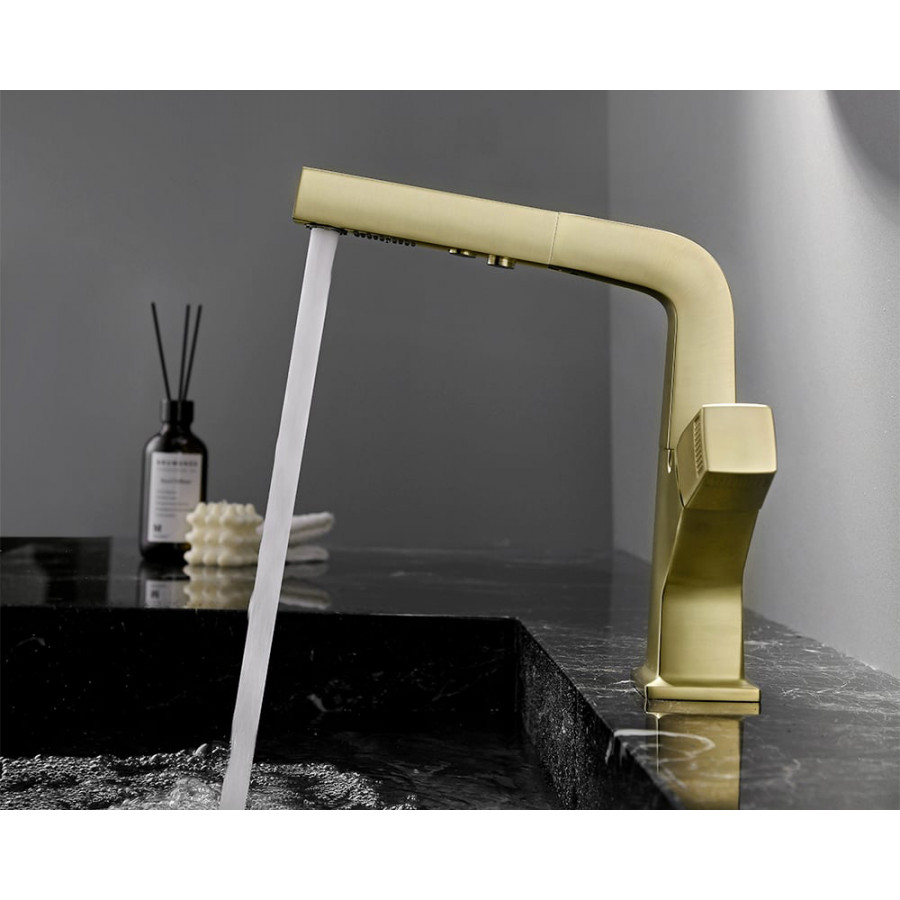 HMR Modern Single Hole Bathroom Sink Faucet Dual Function Pull-Out Spray Faucet - Brushed Gold