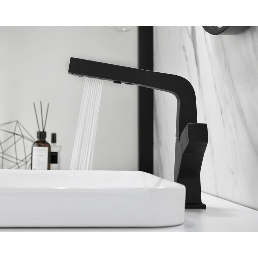 HMR Modern Single Hole Bathroom Sink Faucet Dual Function Pull-Out Spray Faucet - Black