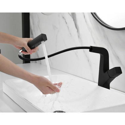 HMR Modern Single Hole Bathroom Sink Faucet Dual Function Pull-Out Spray Faucet - Black