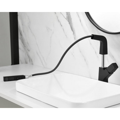 HMR Modern Single Hole Bathroom Sink Faucet Dual Function Pull-Out Spray Faucet - Black