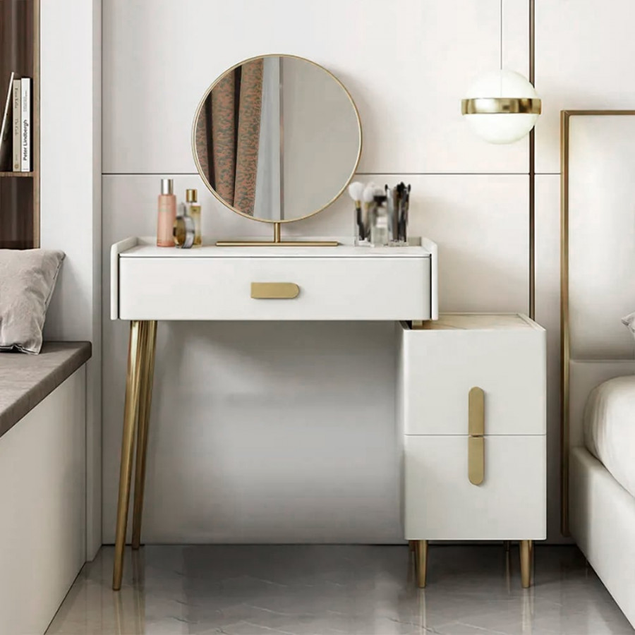 HMR - Inarrow Modern Off-white Makeup Vanity Table with Mirror & Side Table