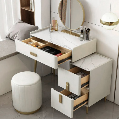 HMR - Inarrow Modern Off-white Makeup Vanity Table with Mirror & Side Table