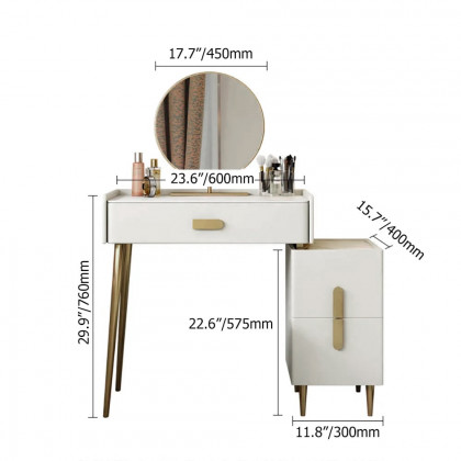 HMR - Inarrow Modern Off-white Makeup Vanity Table with Mirror & Side Table
