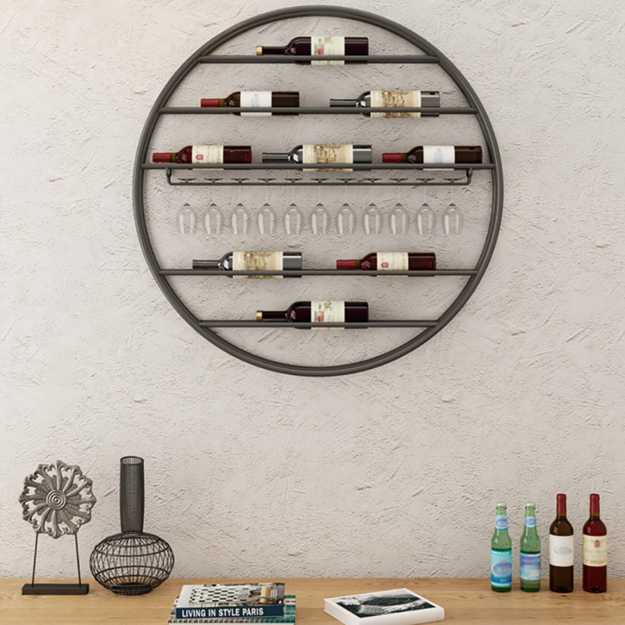 HMR - Modern Metal Black Round Wine Rack Wall Mounted Wine Rack Glass Rack