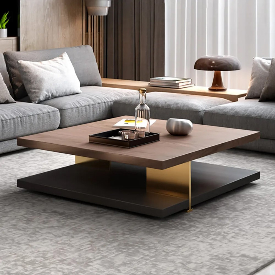 HMR - Industrial Black & Walnut Square Pedestal Coffee Table Solid Wood Accent Table