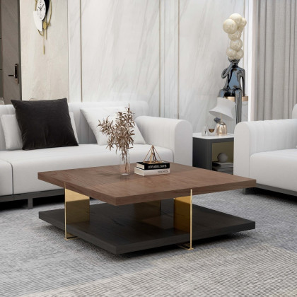 HMR - Industrial Black & Walnut Square Pedestal Coffee Table Solid Wood Accent Table