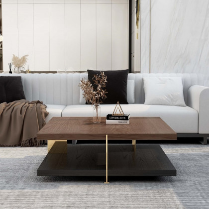 HMR - Industrial Black & Walnut Square Pedestal Coffee Table Solid Wood Accent Table