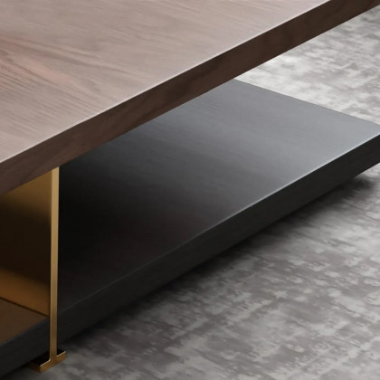HMR - Industrial Black & Walnut Square Pedestal Coffee Table Solid Wood Accent Table