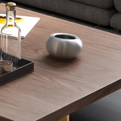 HMR - Industrial Black & Walnut Square Pedestal Coffee Table Solid Wood Accent Table