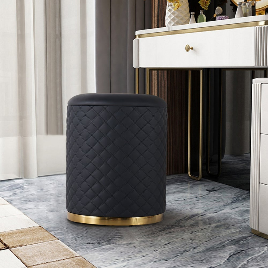 HMR - 15.7" Small Round Vanity Stool PU Leather Upholstered Ottoman Stool in Black