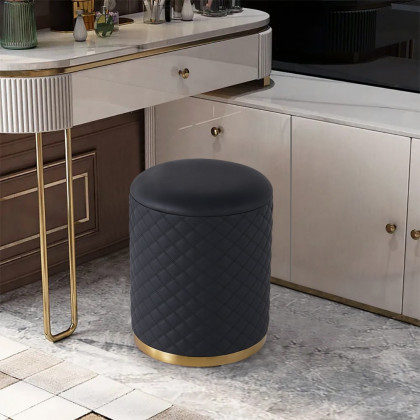 HMR - 15.7" Small Round Vanity Stool PU Leather Upholstered Ottoman Stool in Black