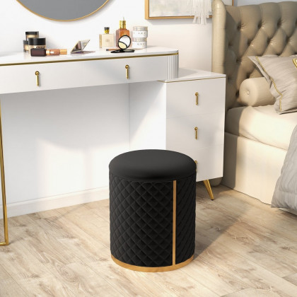 HMR - 15.7" Small Round Vanity Stool PU Leather Upholstered Ottoman Stool in Black