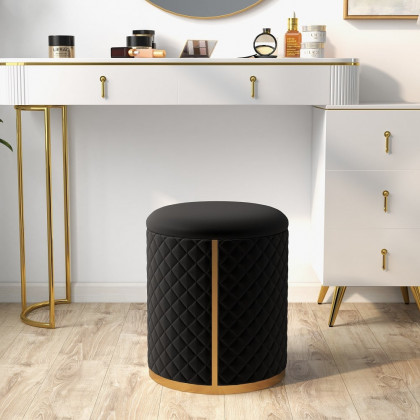 HMR - 15.7" Small Round Vanity Stool PU Leather Upholstered Ottoman Stool in Black