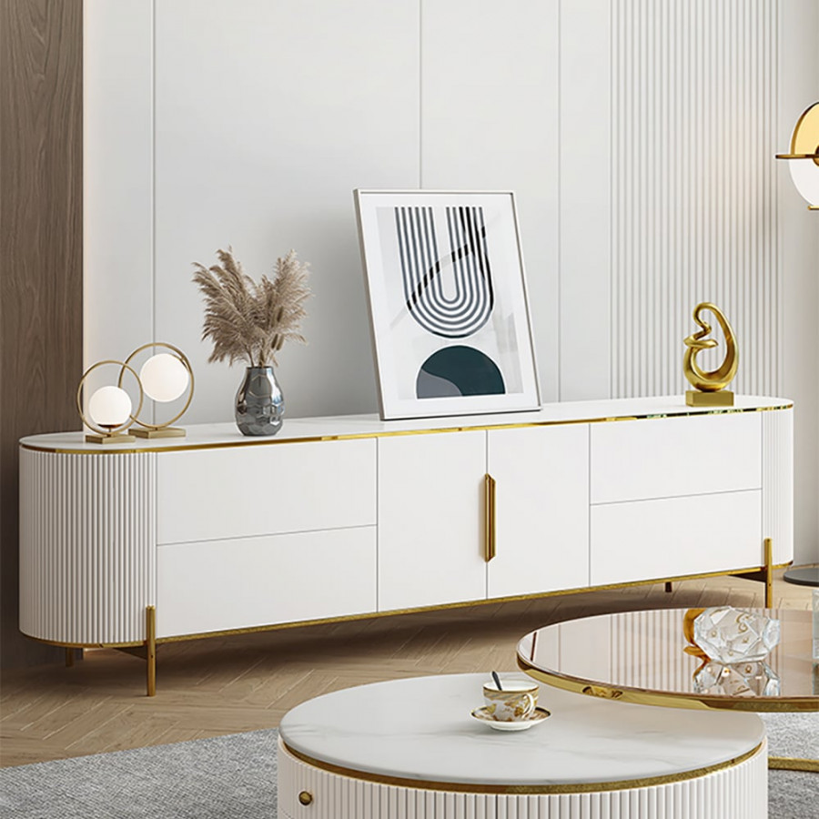 HMR - 86.6" Modern Elegant Oval TV Console with Drawers & Doors in White