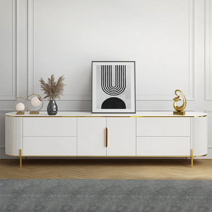 HMR - 86.6" Modern Elegant Oval TV Console with Drawers & Doors in White