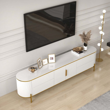 HMR - 86.6" Modern Elegant Oval TV Console with Drawers & Doors in White