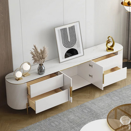 HMR - 86.6" Modern Elegant Oval TV Console with Drawers & Doors in White