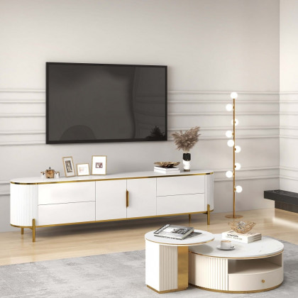 HMR - 86.6" Modern Elegant Oval TV Console with Drawers & Doors in White