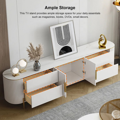 HMR - 86.6" Modern Elegant Oval TV Console with Drawers & Doors in White