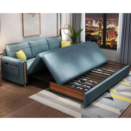 HMR 81" King 3-Seater Leath-aire Sleeper Sofa - Blue