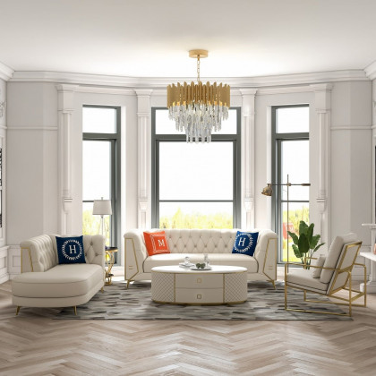 HMR - 3-Piece Modern Living Room Set Chesterfield Sofa with Chaise and Chair in Off-White