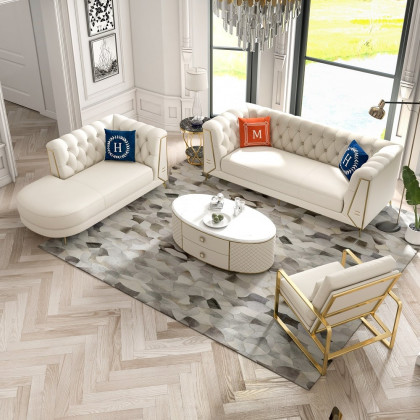 HMR - 3-Piece Modern Living Room Set Chesterfield Sofa with Chaise and Chair in Off-White