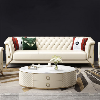 HMR - 3-Piece Modern Living Room Set Chesterfield Sofa with Chaise and Chair in Off-White