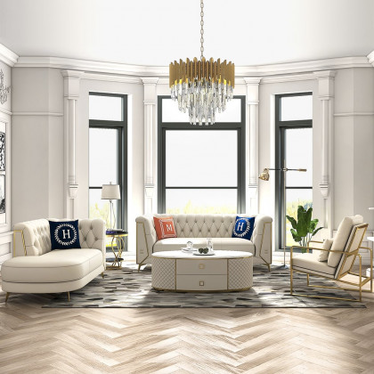 HMR - 3-Piece Modern Living Room Set Chesterfield Sofa with Chaise and Chair in Off-White