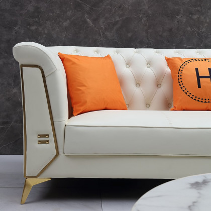 HMR - 3-Piece Modern Living Room Set Chesterfield Sofa with Chaise and Chair in Off-White
